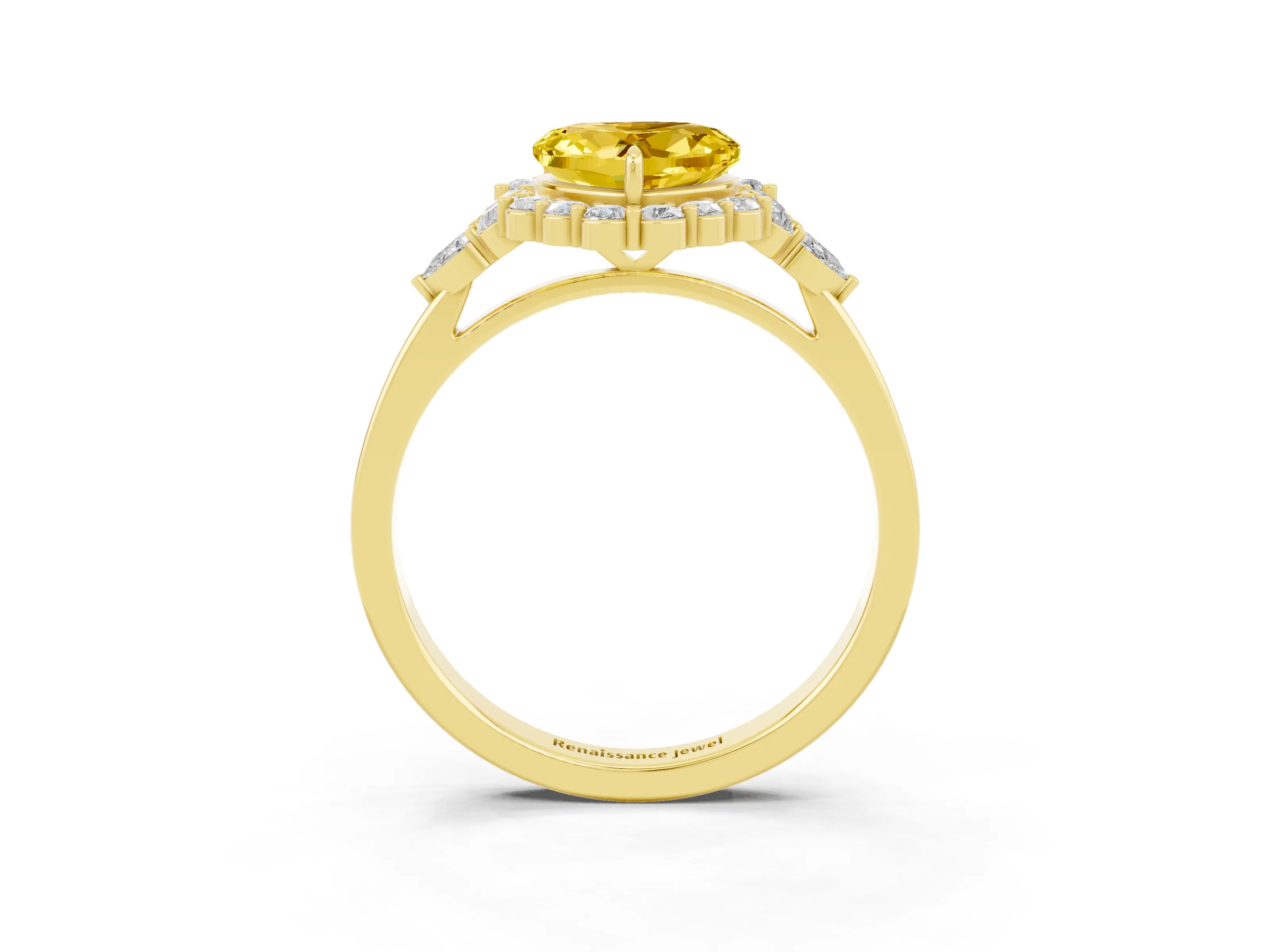 Yellow gold Heart Cut Yellow Sapphire Halo Ring with Pear Side Stones and Prong Setting_15
