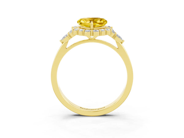 Yellow gold Heart Cut Yellow Sapphire Halo Ring with Pear Side Stones and Prong Setting