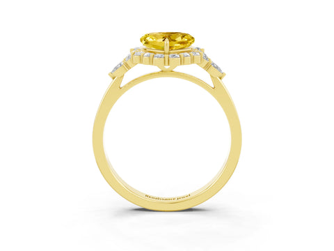 Yellow gold Heart Cut Yellow Sapphire Halo Ring with Pear Side Stones and Prong Setting_15