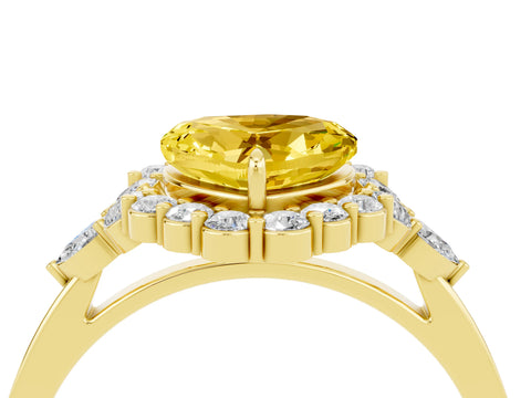 Yellow gold Heart Cut Yellow Sapphire Halo Ring with Pear Side Stones and Prong Setting_16