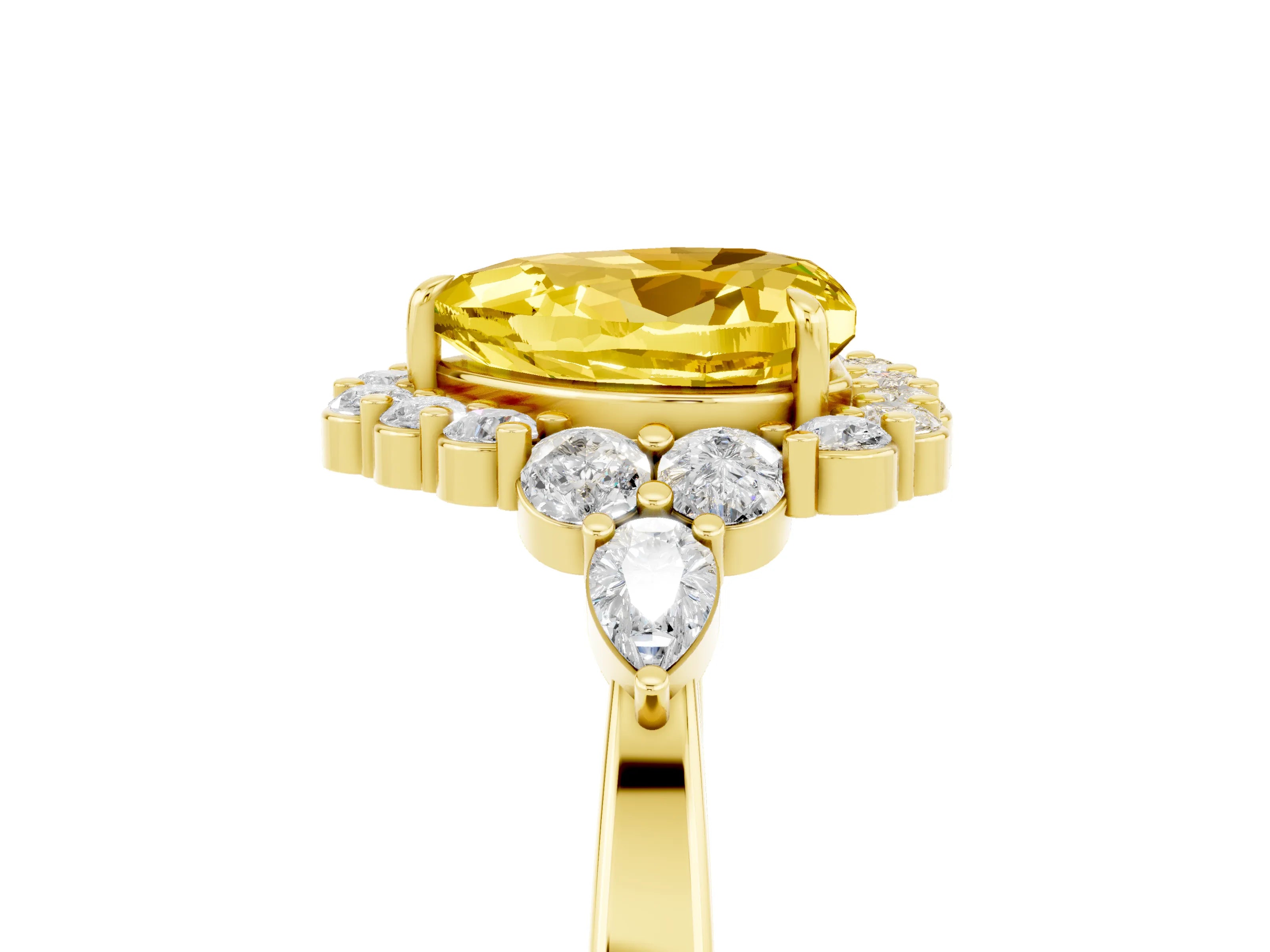 Yellow gold Heart Cut Yellow Sapphire Halo Ring with Pear Side Stones and Prong Setting_17