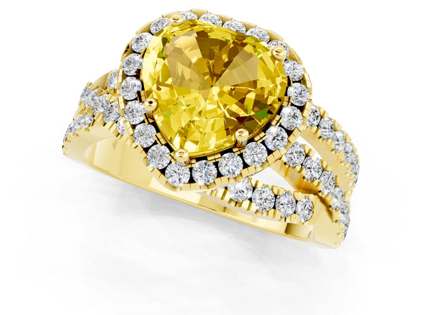 Yellow gold Heart Cut Yellow Sapphire Halo Ring with Round Split Shank and Prong Setting