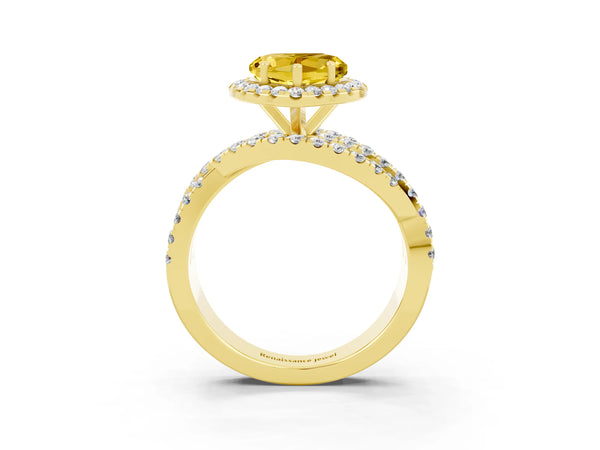Yellow gold Heart Cut Yellow Sapphire Halo Ring with Round Split Shank and Prong Setting