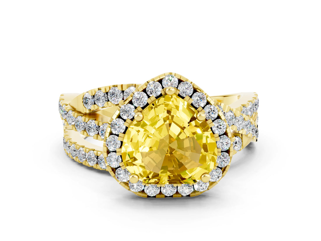 Yellow gold Heart Cut Yellow Sapphire Halo Ring with Round Split Shank and Prong Setting_48