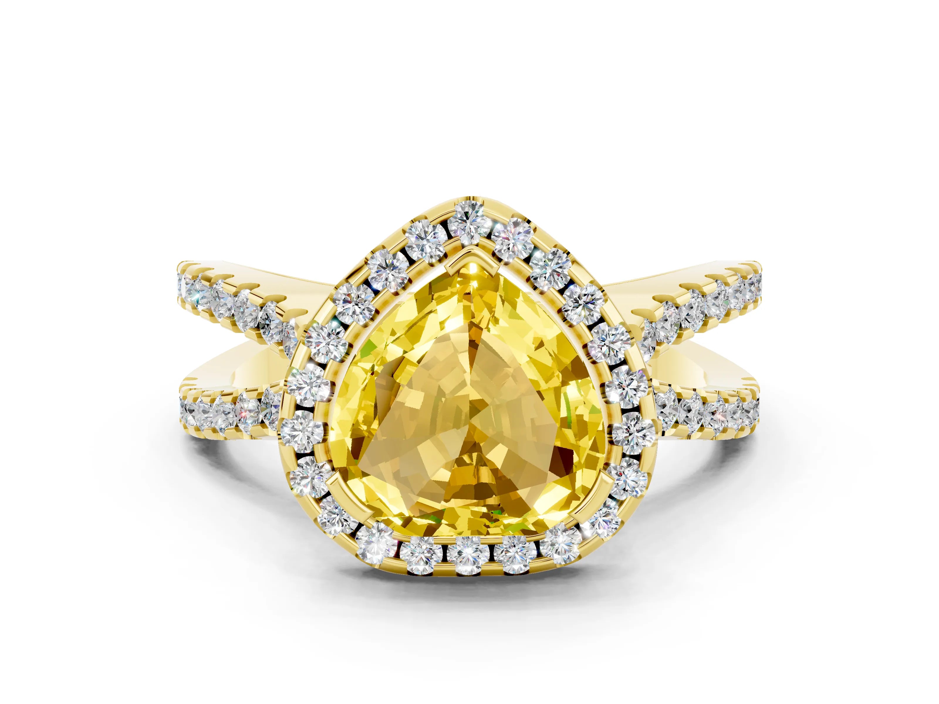 Yellow gold Heart Cut Yellow Sapphire Halo Ring with Split Shank Pavé Band and Prong Setting_12