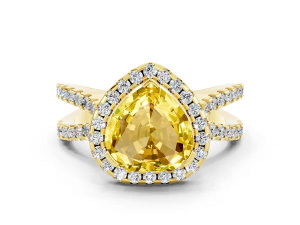 Yellow gold Heart Cut Yellow Sapphire Halo Ring with Split Shank Pavé Band and Prong Setting