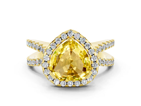 Yellow gold Heart Cut Yellow Sapphire Halo Ring with Split Shank Pavé Band and Prong Setting_12