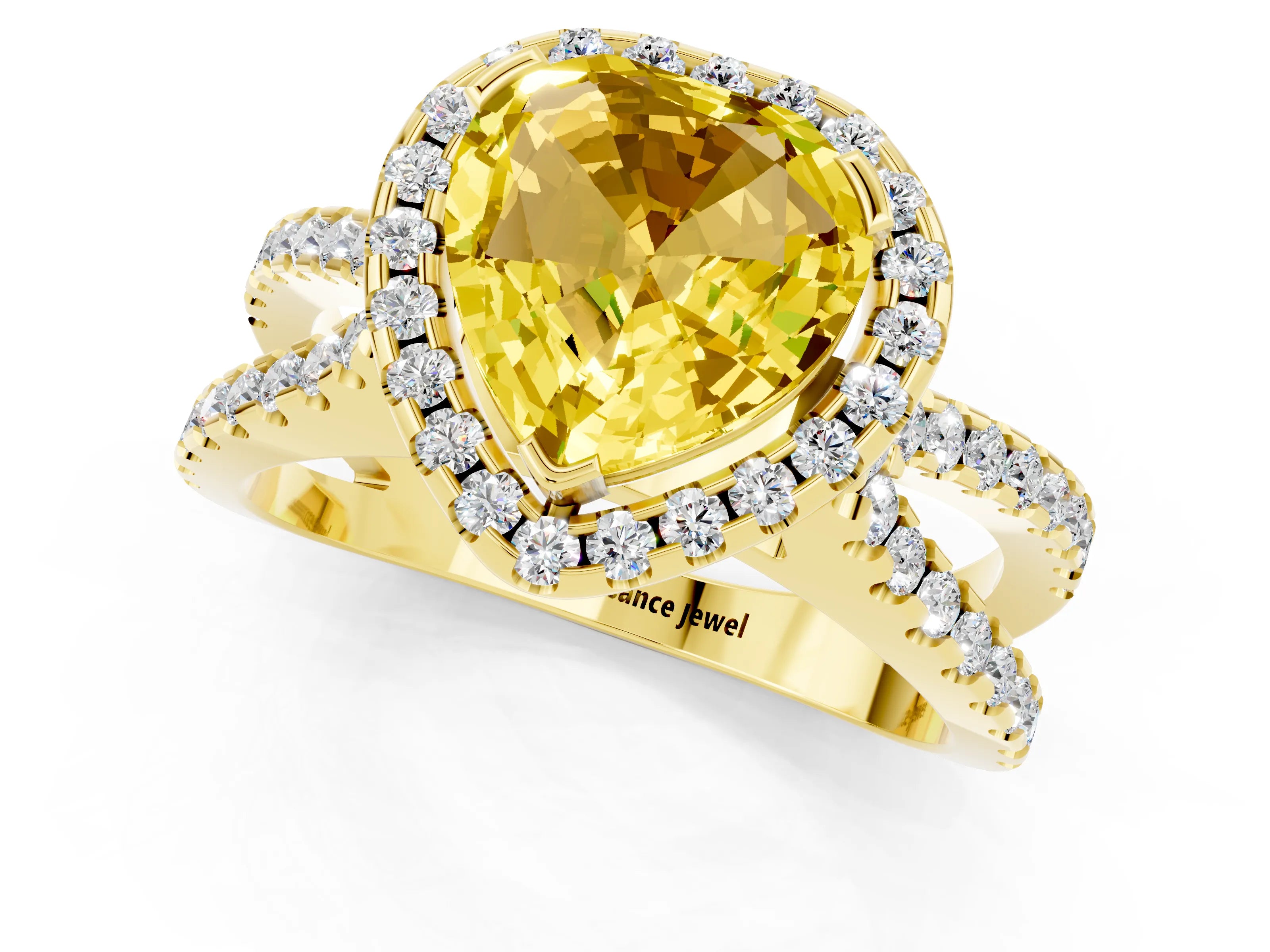 Yellow gold Heart Cut Yellow Sapphire Halo Ring with Split Shank Pavé Band and Prong Setting_13