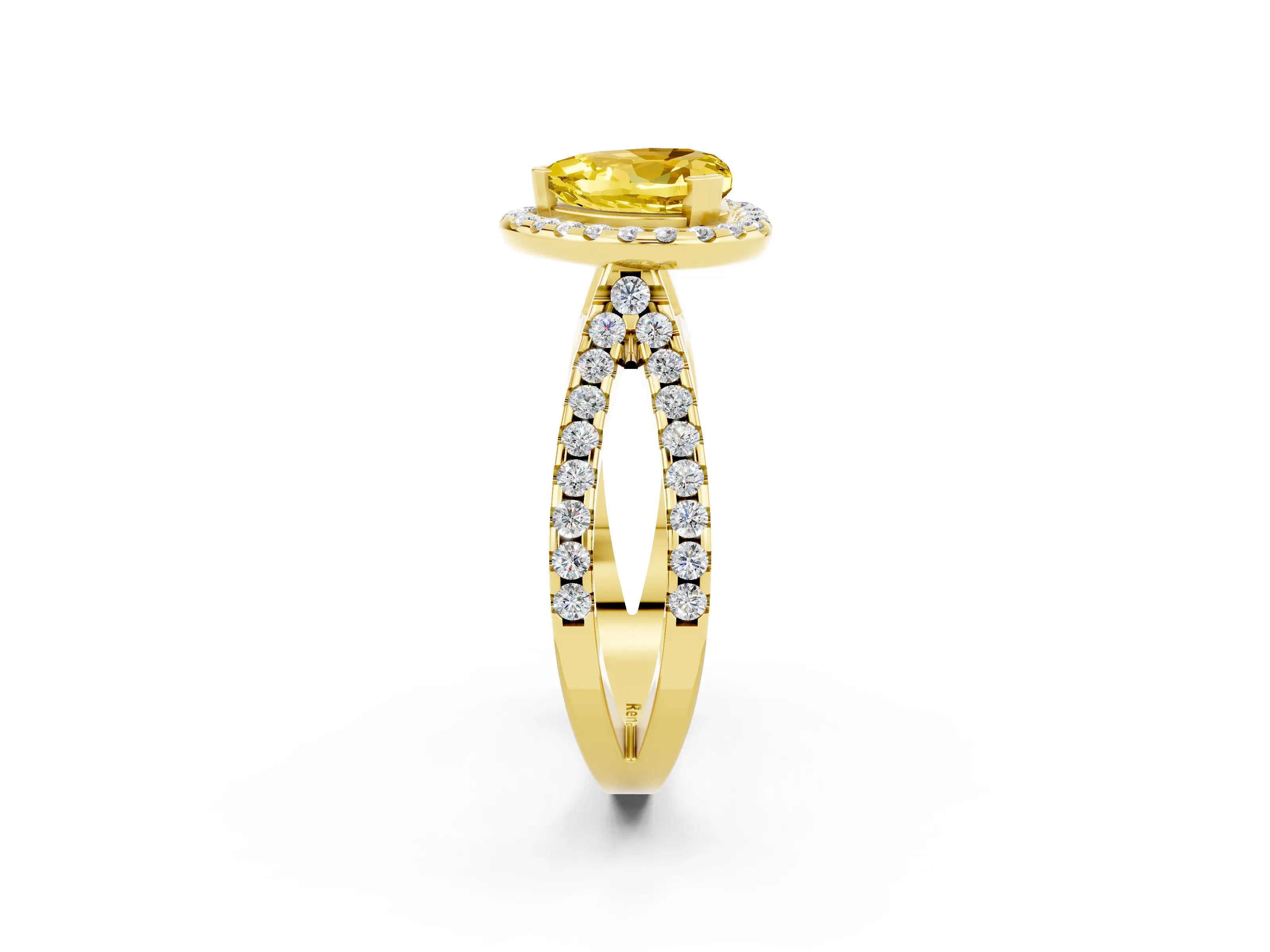 Yellow gold Heart Cut Yellow Sapphire Halo Ring with Split Shank Pavé Band and Prong Setting_14