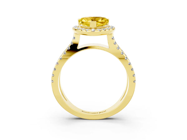 Yellow gold Heart Cut Yellow Sapphire Halo Ring with Split Shank Pavé Band and Prong Setting