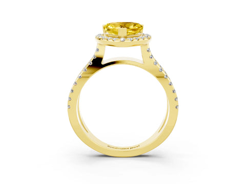 Yellow gold Heart Cut Yellow Sapphire Halo Ring with Split Shank Pavé Band and Prong Setting_15