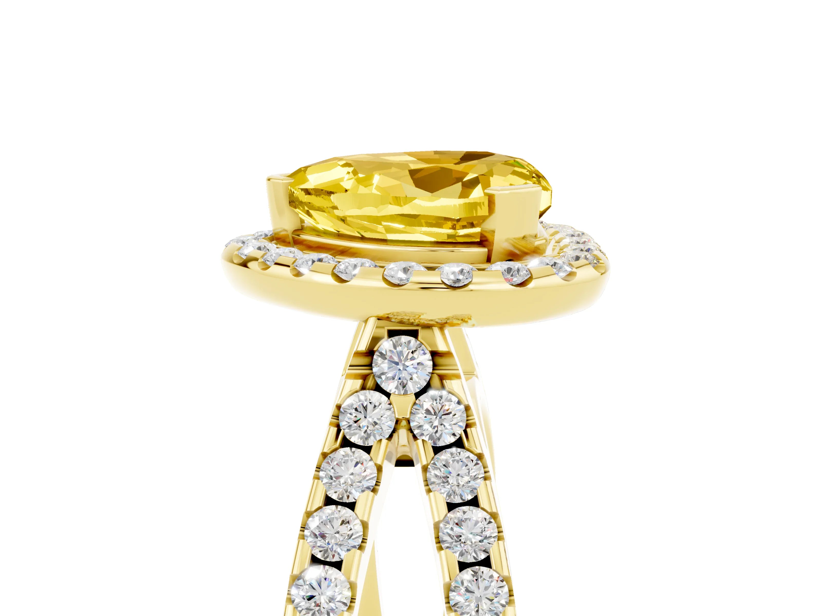 Yellow gold Heart Cut Yellow Sapphire Halo Ring with Split Shank Pavé Band and Prong Setting_17