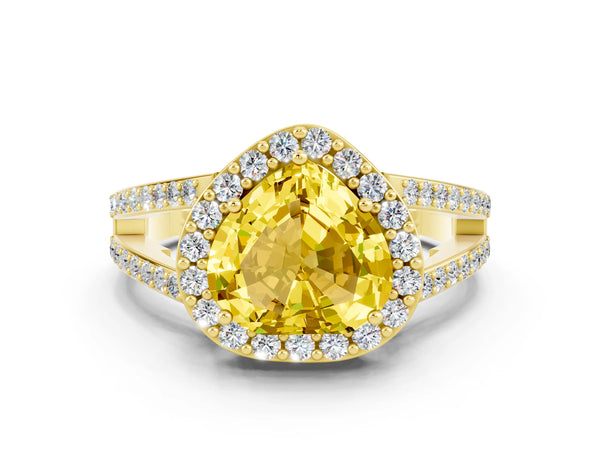 Yellow gold Heart Cut Yellow Sapphire Halo Ring with Split Shank U-Prong Band and Four-Prong Setting