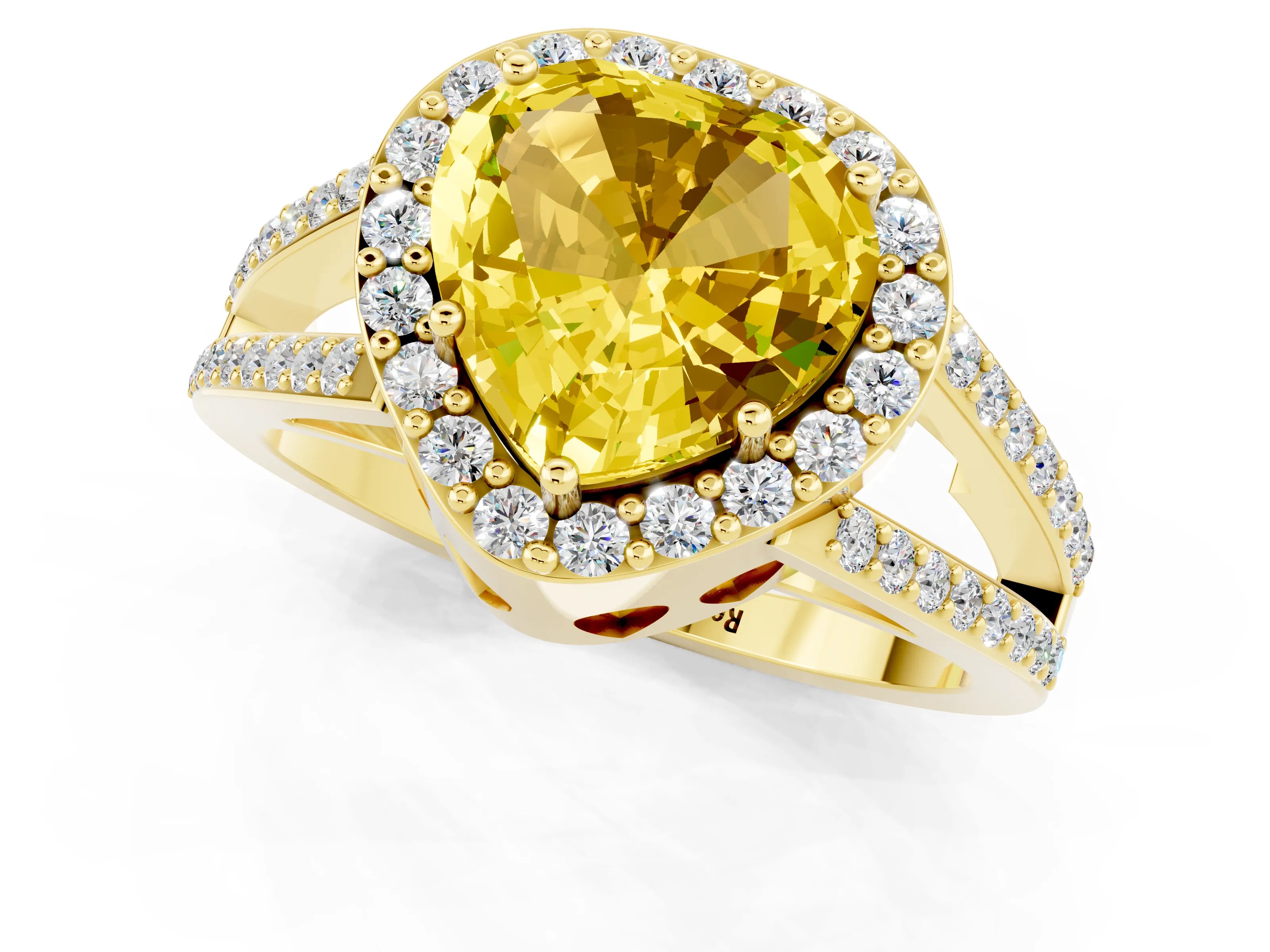 Yellow gold Heart Cut Yellow Sapphire Halo Ring with Split Shank U-Prong Band and Four-Prong Setting_1