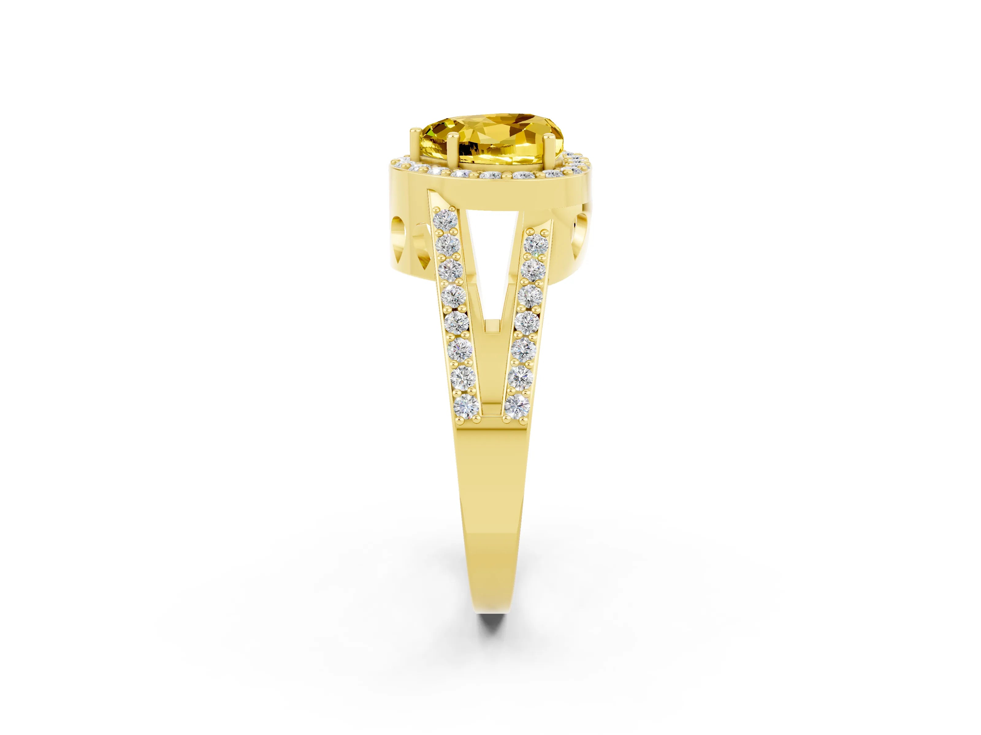 Yellow gold Heart Cut Yellow Sapphire Halo Ring with Split Shank U-Prong Band and Four-Prong Setting_2