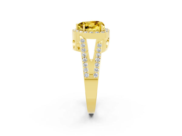 Yellow gold Heart Cut Yellow Sapphire Halo Ring with Split Shank U-Prong Band and Four-Prong Setting