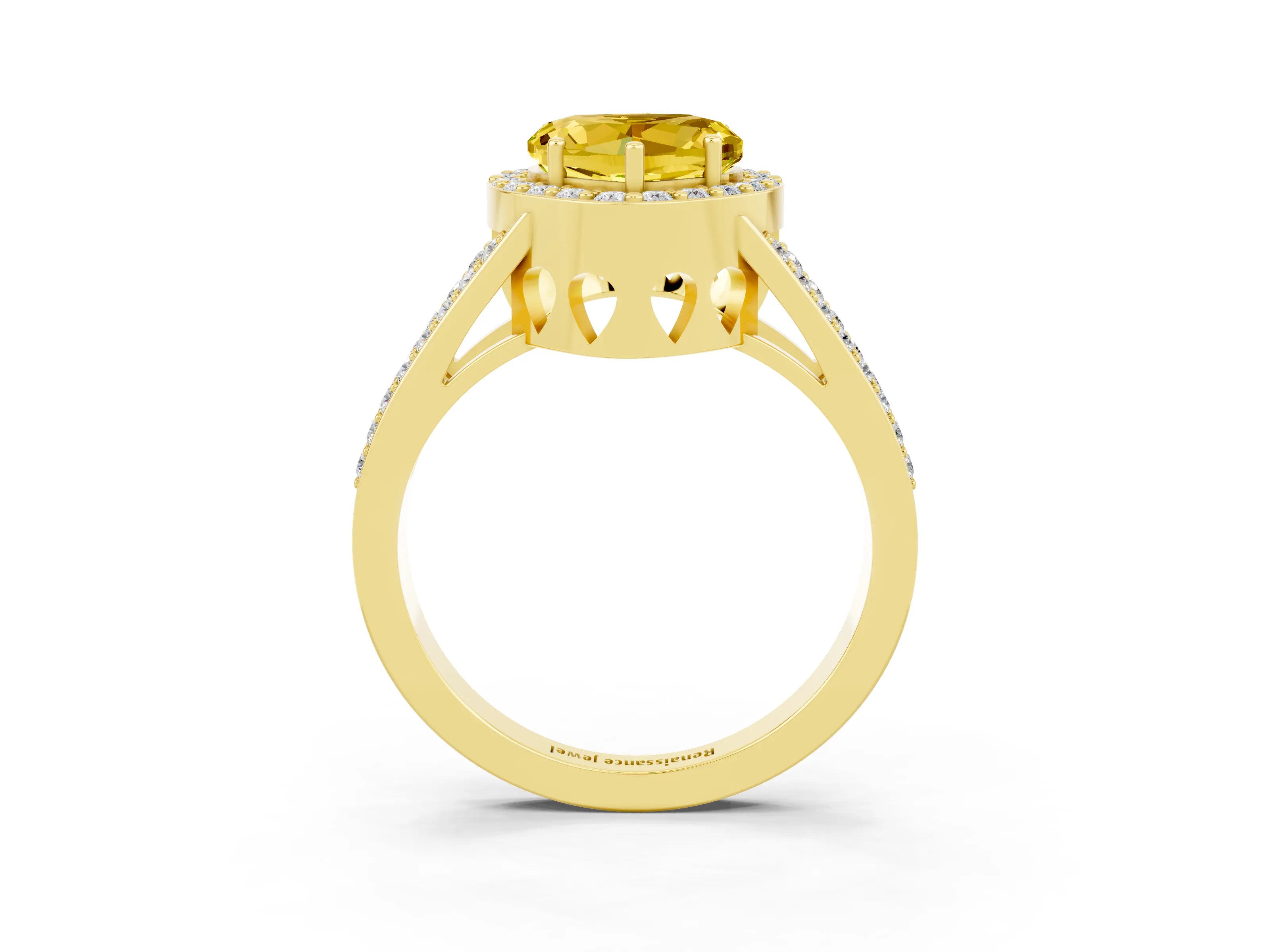Yellow gold Heart Cut Yellow Sapphire Halo Ring with Split Shank U-Prong Band and Four-Prong Setting_3