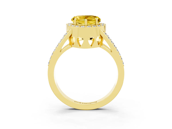 Yellow gold Heart Cut Yellow Sapphire Halo Ring with Split Shank U-Prong Band and Four-Prong Setting