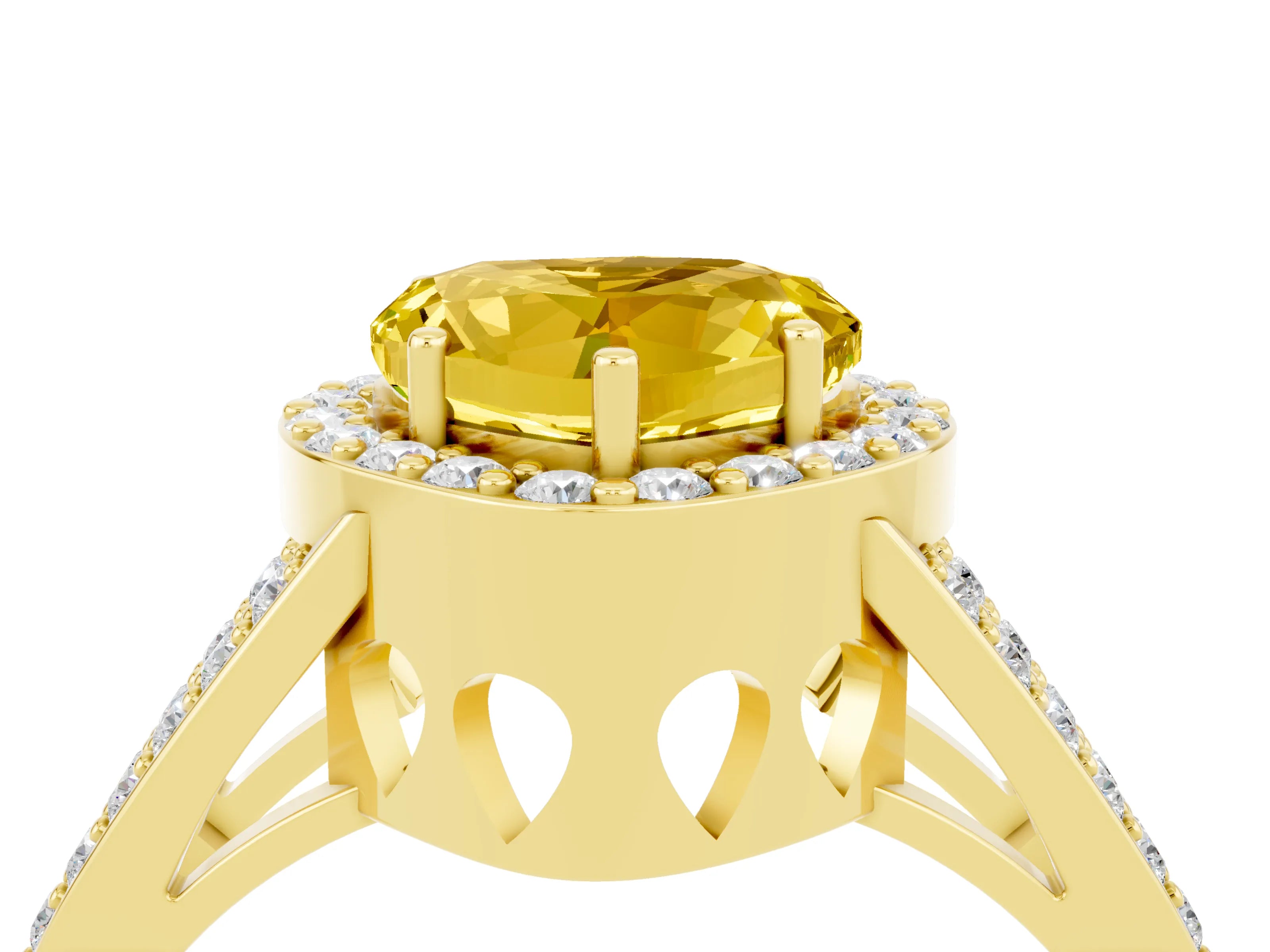 Yellow gold Heart Cut Yellow Sapphire Halo Ring with Split Shank U-Prong Band and Four-Prong Setting_4