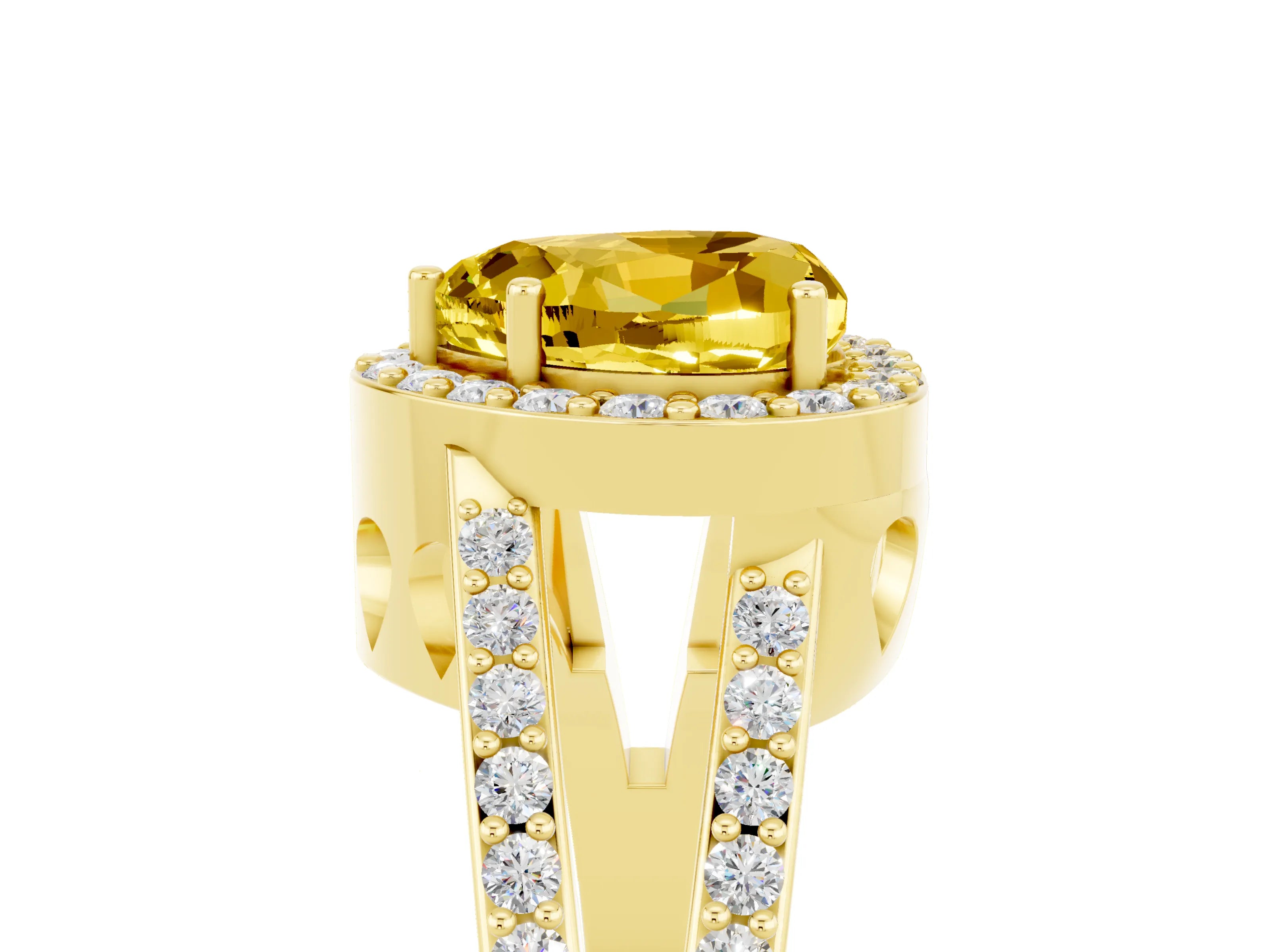 Yellow gold Heart Cut Yellow Sapphire Halo Ring with Split Shank U-Prong Band and Four-Prong Setting_5