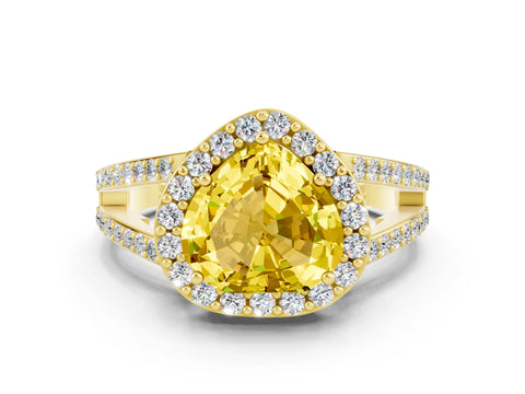 Yellow gold Heart Cut Yellow Sapphire Halo Ring with Split Shank U-Prong Band and Four-Prong Setting