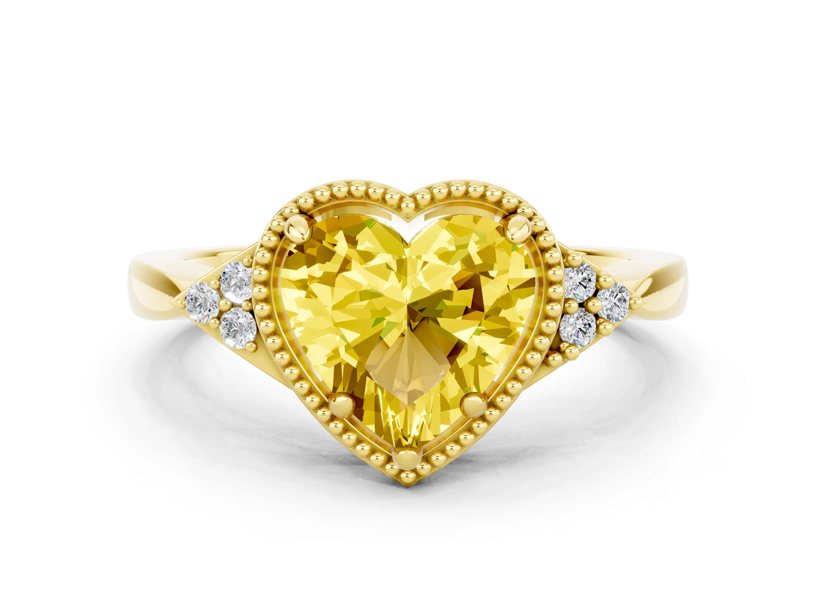 Yellow gold Heart Cut Yellow Sapphire Halo Ring with Tapered Band and Four-Prong Setting