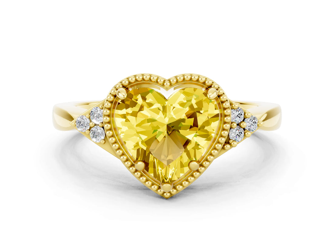 Yellow gold Heart Cut Yellow Sapphire Halo Ring with Tapered Band and Four-Prong Setting