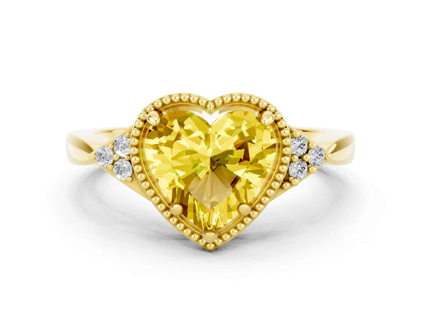 Yellow gold Heart Cut Yellow Sapphire Halo Ring with Tapered Band and Four-Prong Setting