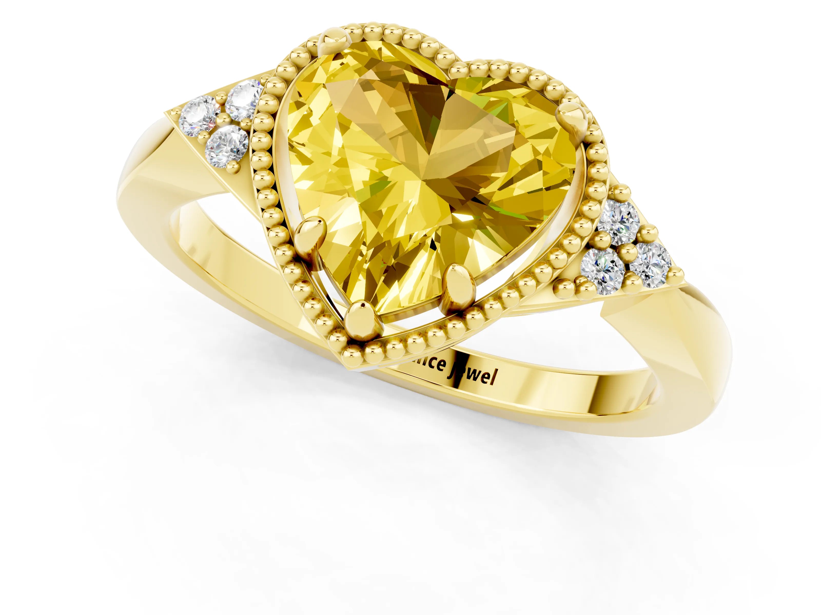 Yellow gold Heart Cut Yellow Sapphire Halo Ring with Tapered Band and Four-Prong Setting_1