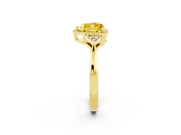 Yellow gold Heart Cut Yellow Sapphire Halo Ring with Tapered Band and Four-Prong Setting