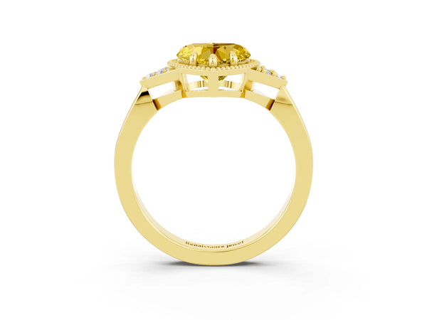 Yellow gold Heart Cut Yellow Sapphire Halo Ring with Tapered Band and Four-Prong Setting