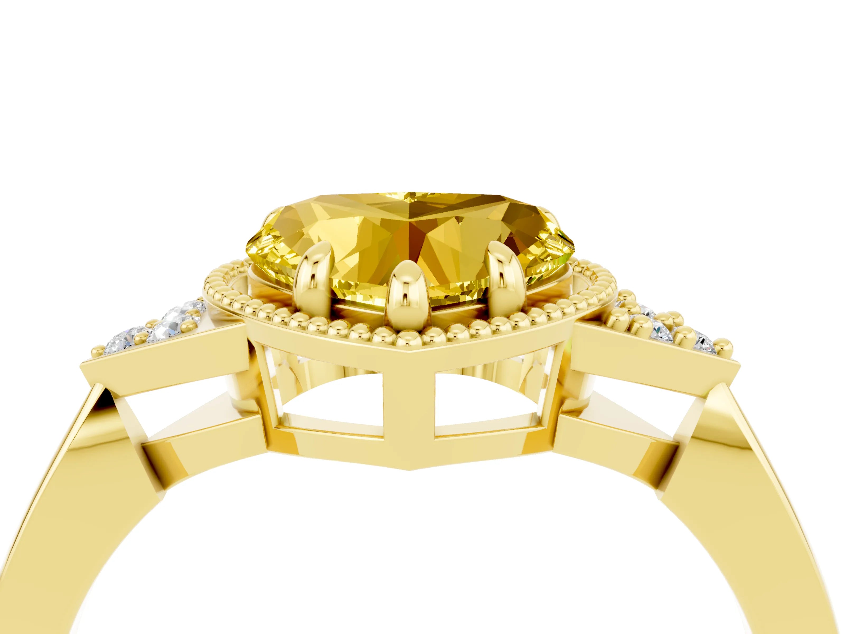 Yellow gold Heart Cut Yellow Sapphire Halo Ring with Tapered Band and Four-Prong Setting_4