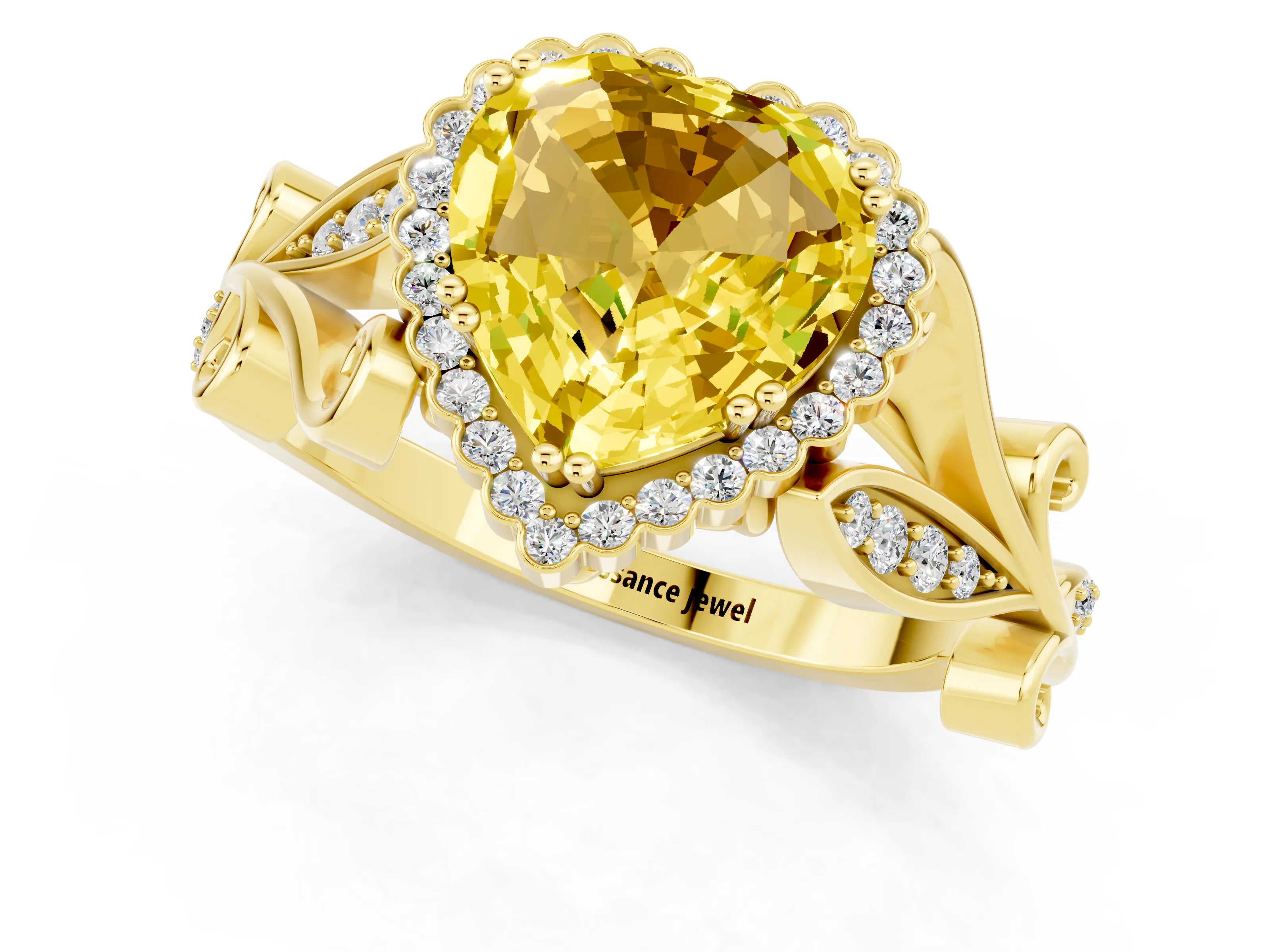 Yellow gold Heart Cut Yellow Sapphire Halo Ring with Vintage Split Shank and Four-Prong Setting_1