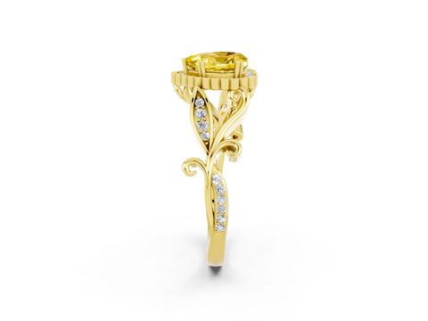 Yellow gold Heart Cut Yellow Sapphire Halo Ring with Vintage Split Shank and Four-Prong Setting_2