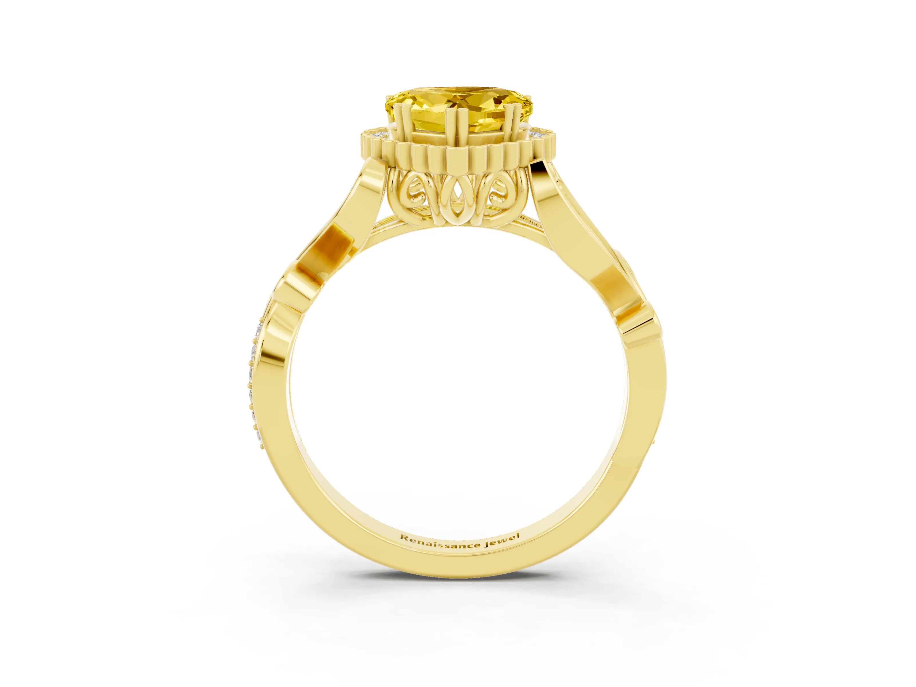 Yellow gold Heart Cut Yellow Sapphire Halo Ring with Vintage Split Shank and Four-Prong Setting_3