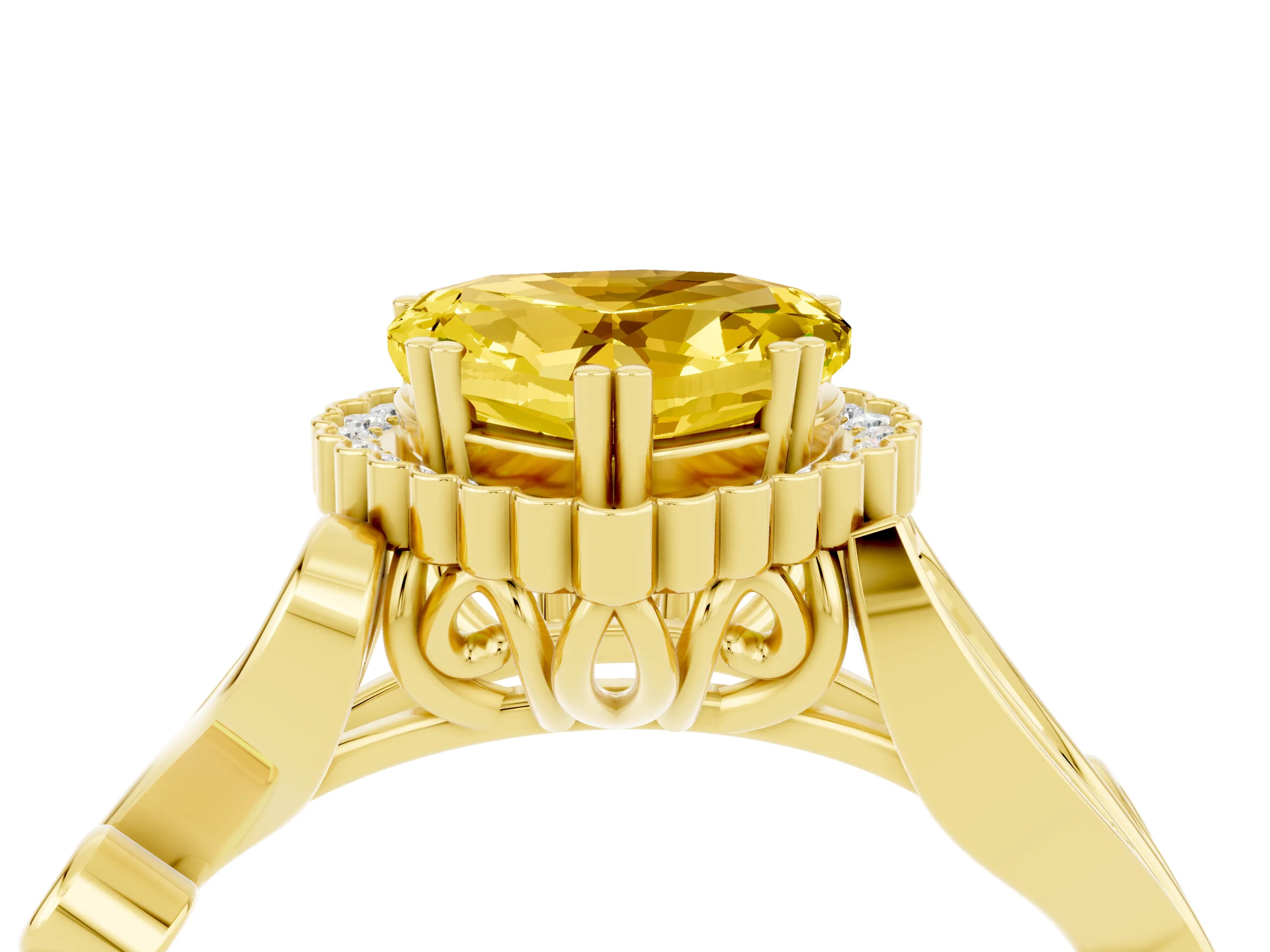 Yellow gold Heart Cut Yellow Sapphire Halo Ring with Vintage Split Shank and Four-Prong Setting_4