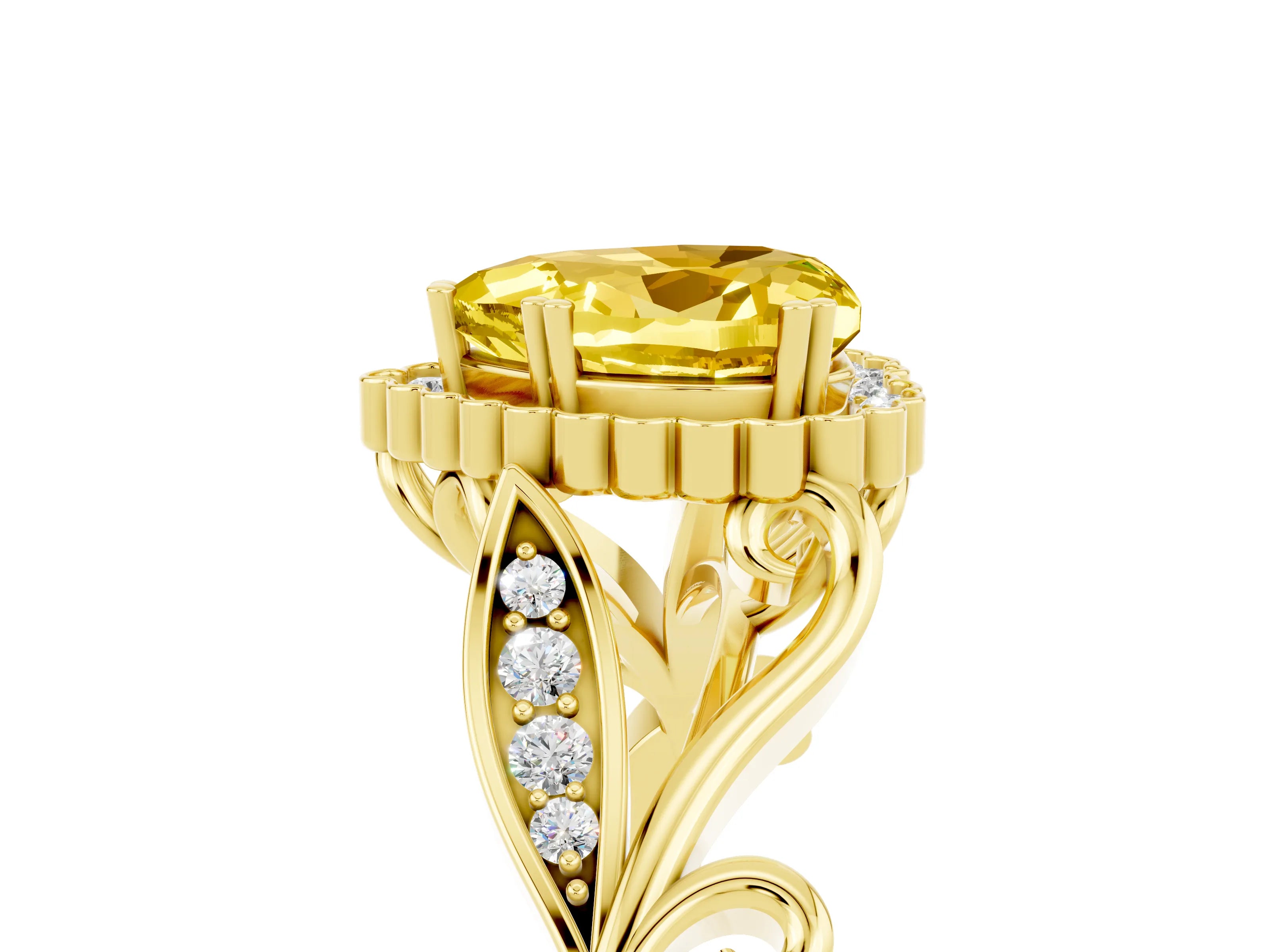 Yellow gold Heart Cut Yellow Sapphire Halo Ring with Vintage Split Shank and Four-Prong Setting_5