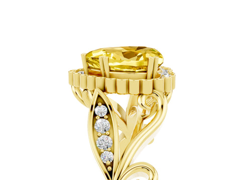 Yellow gold Heart Cut Yellow Sapphire Halo Ring with Vintage Split Shank and Four-Prong Setting_5