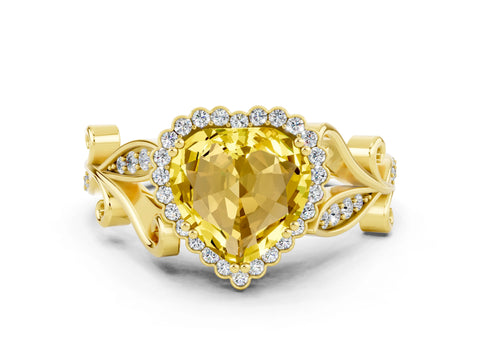 Yellow gold Heart Cut Yellow Sapphire Halo Ring with Vintage Split Shank and Four-Prong Setting