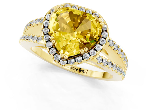 Yellow gold Heart Cut Yellow Sapphire Halo Split Shank Engagement Ring