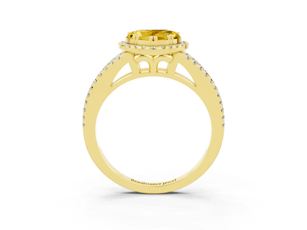 Yellow gold Heart Cut Yellow Sapphire Halo Split Shank Engagement Ring