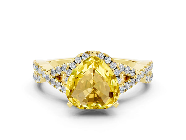 Yellow gold Heart Cut Yellow Sapphire  Halo Twist Band Solitaire Prong Setting Ring