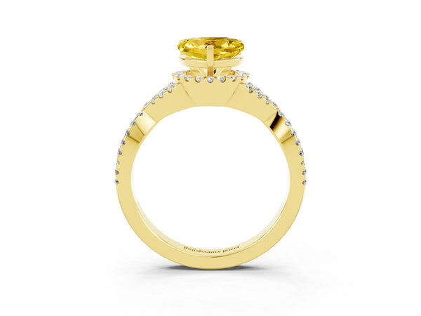 Yellow gold Heart Cut Yellow Sapphire  Halo Twist Band Solitaire Prong Setting Ring