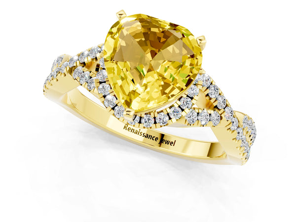 Yellow gold Heart Cut Yellow Sapphire  Halo Twist Band Solitaire Prong Setting Ring