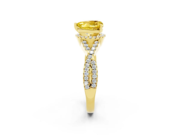 Yellow gold Heart Cut Yellow Sapphire  Halo Twist Band Solitaire Prong Setting Ring