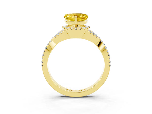 Yellow gold Heart Cut Yellow Sapphire  Halo Twist Band Solitaire Prong Setting Ring