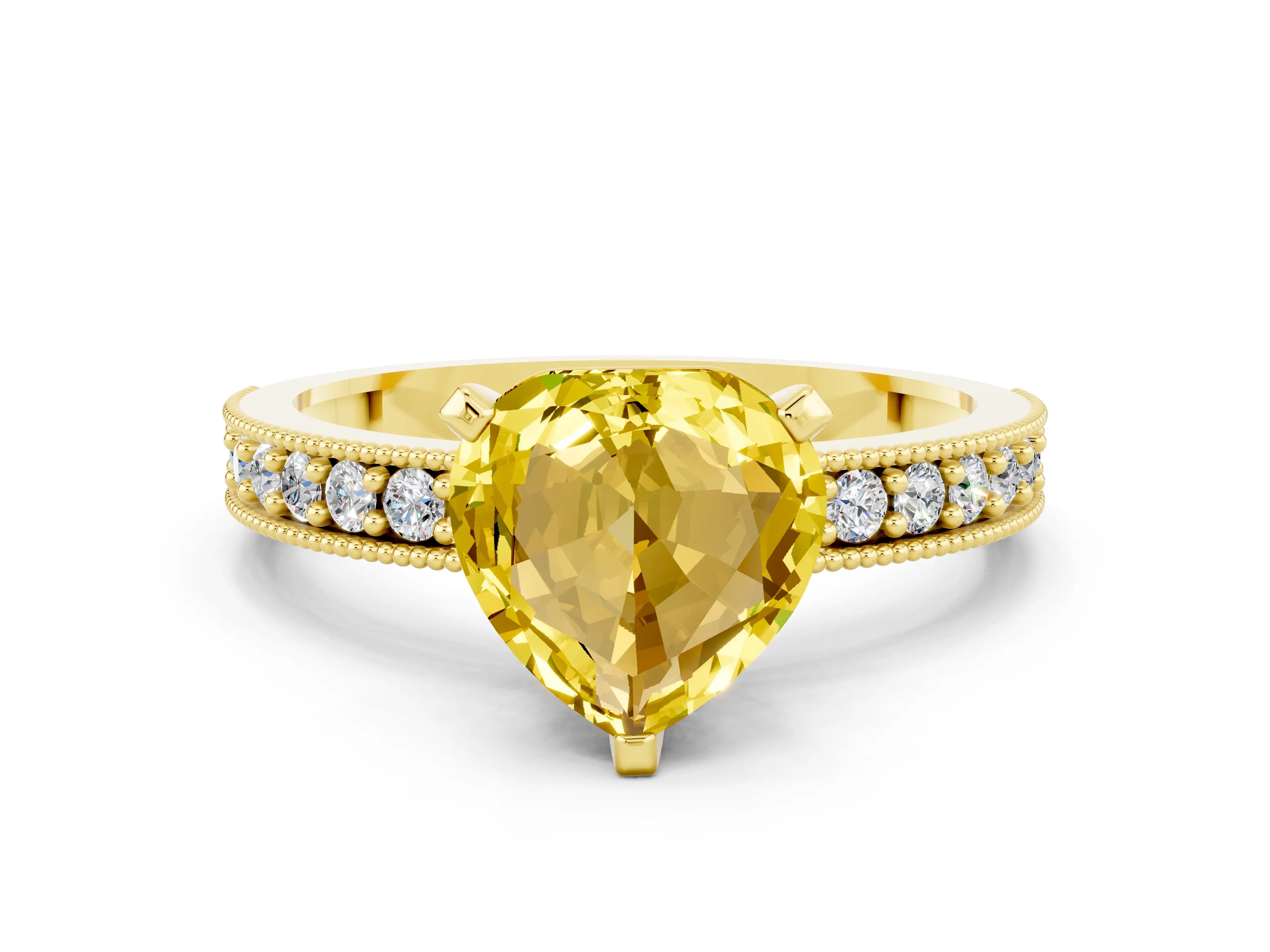 Yellow gold Heart Cut Yellow Sapphire Milgrain Pavé Engagement Ring with Four-Prong Setting_36
