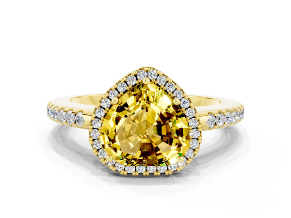 Yellow gold Heart Cut Yellow Sapphire Pavé Halo Ring with Four-Prong Setting