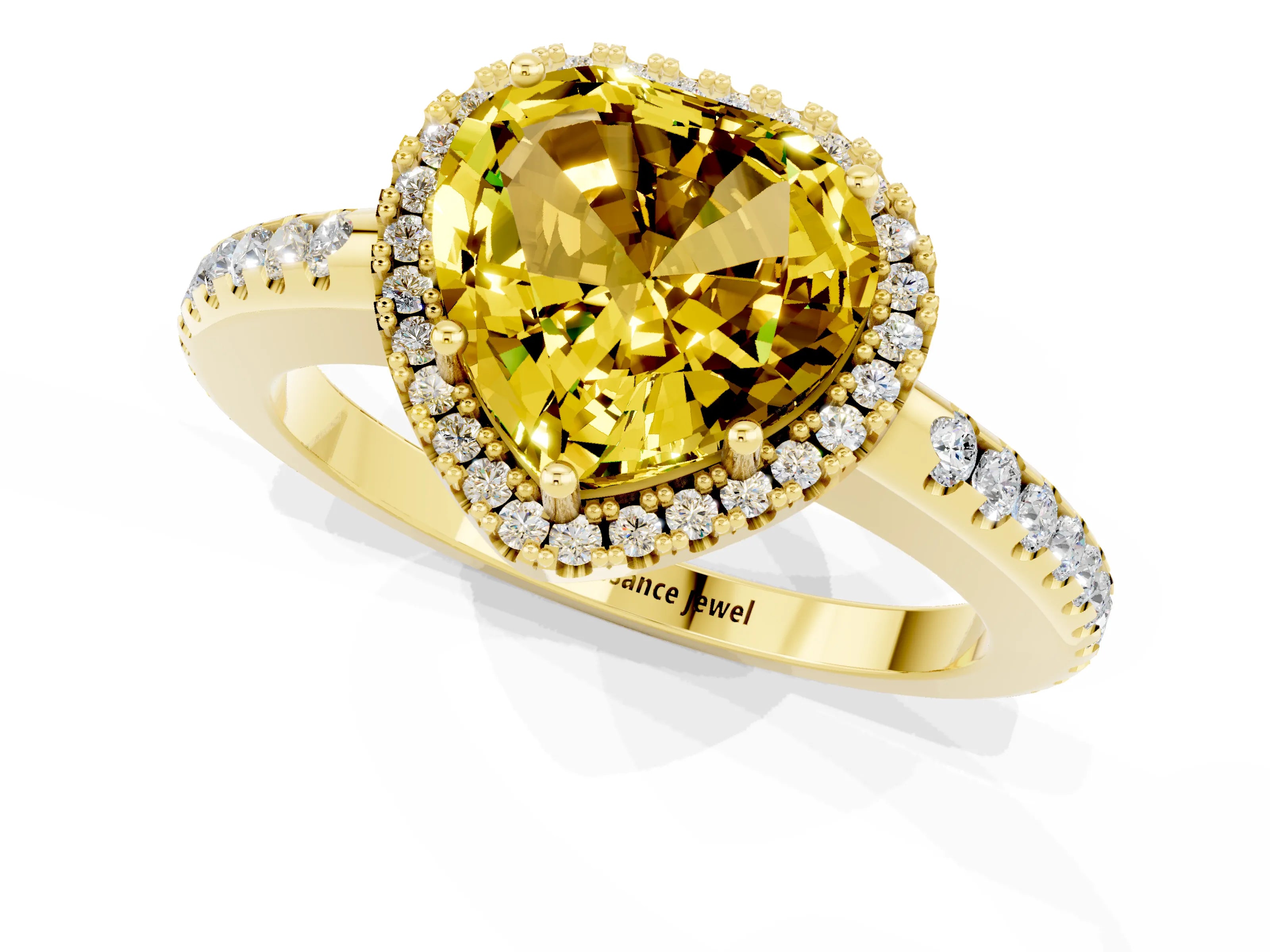 Yellow gold Heart Cut Yellow Sapphire Pavé Halo Ring with Four-Prong Setting_13