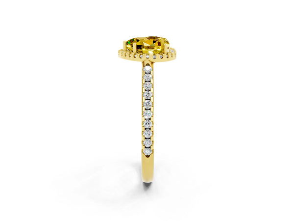 Yellow gold Heart Cut Yellow Sapphire Pavé Halo Ring with Four-Prong Setting